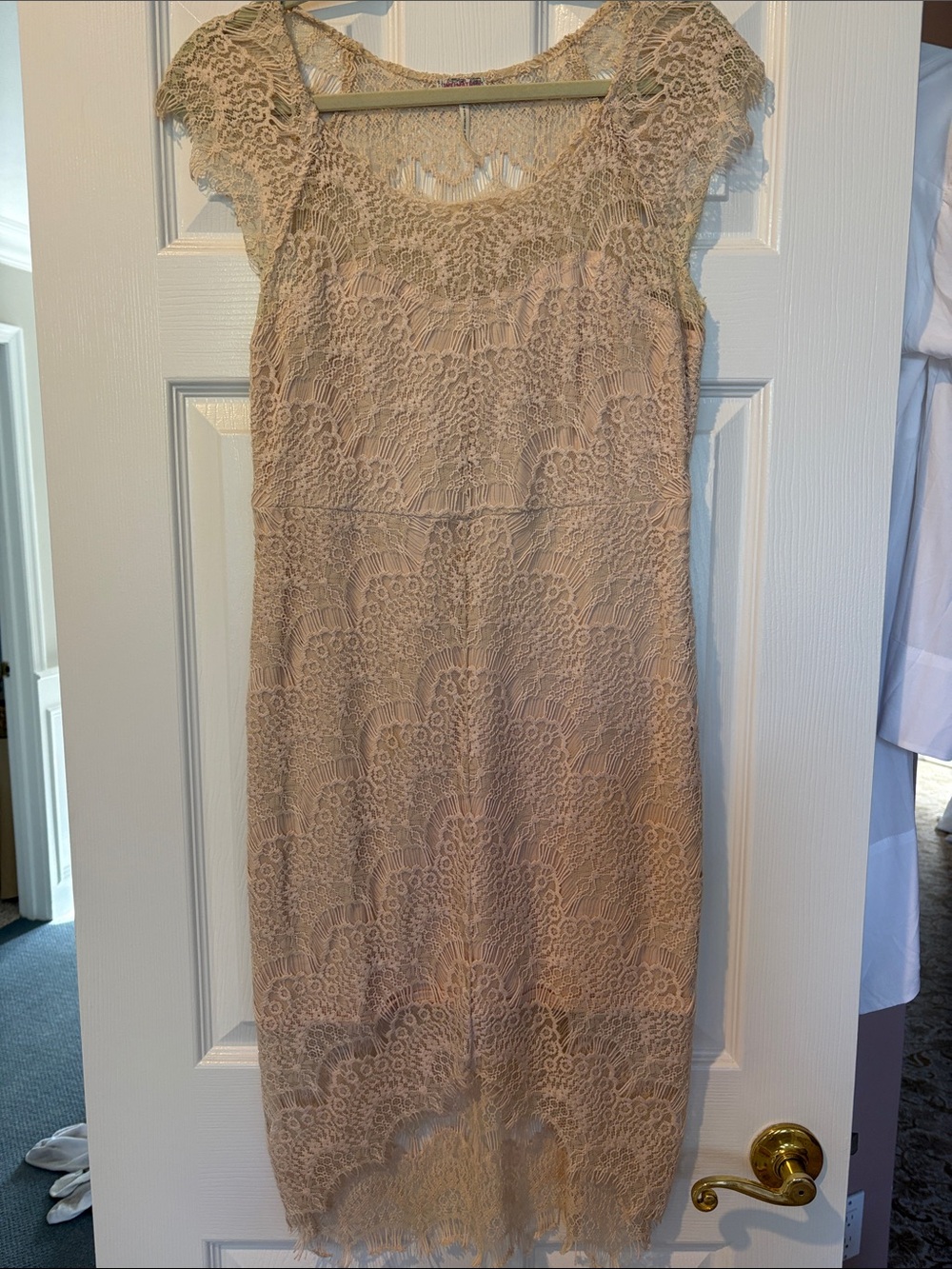 Free People Lace Cap-Sleeve Sheath Dress in Beige